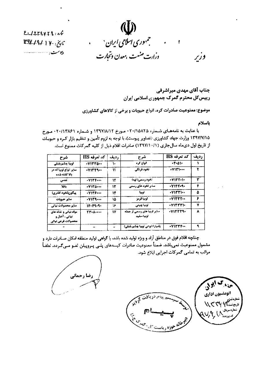 ممنوعیت صادرات 17 قلم مواد غذایی از اول دی+سند