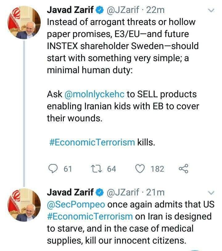 واکنش ظریف به تهدیدهای اخیر اروپا علیه ایران واکنش ظریف به تهدیدهای اخیر اروپا علیه ایران