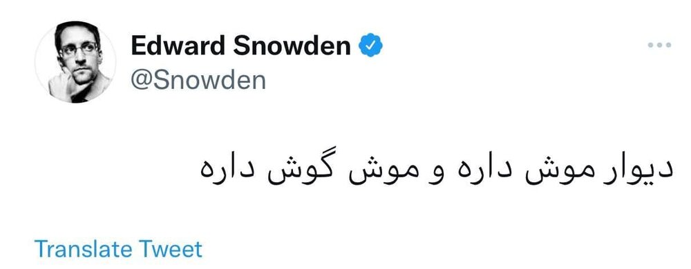 توئیت فارسی اسنودن: دیوار موش داره، موش هم گوش داره! توئیت فارسی اسنودن: دیوار موش داره، موش هم گوش داره!