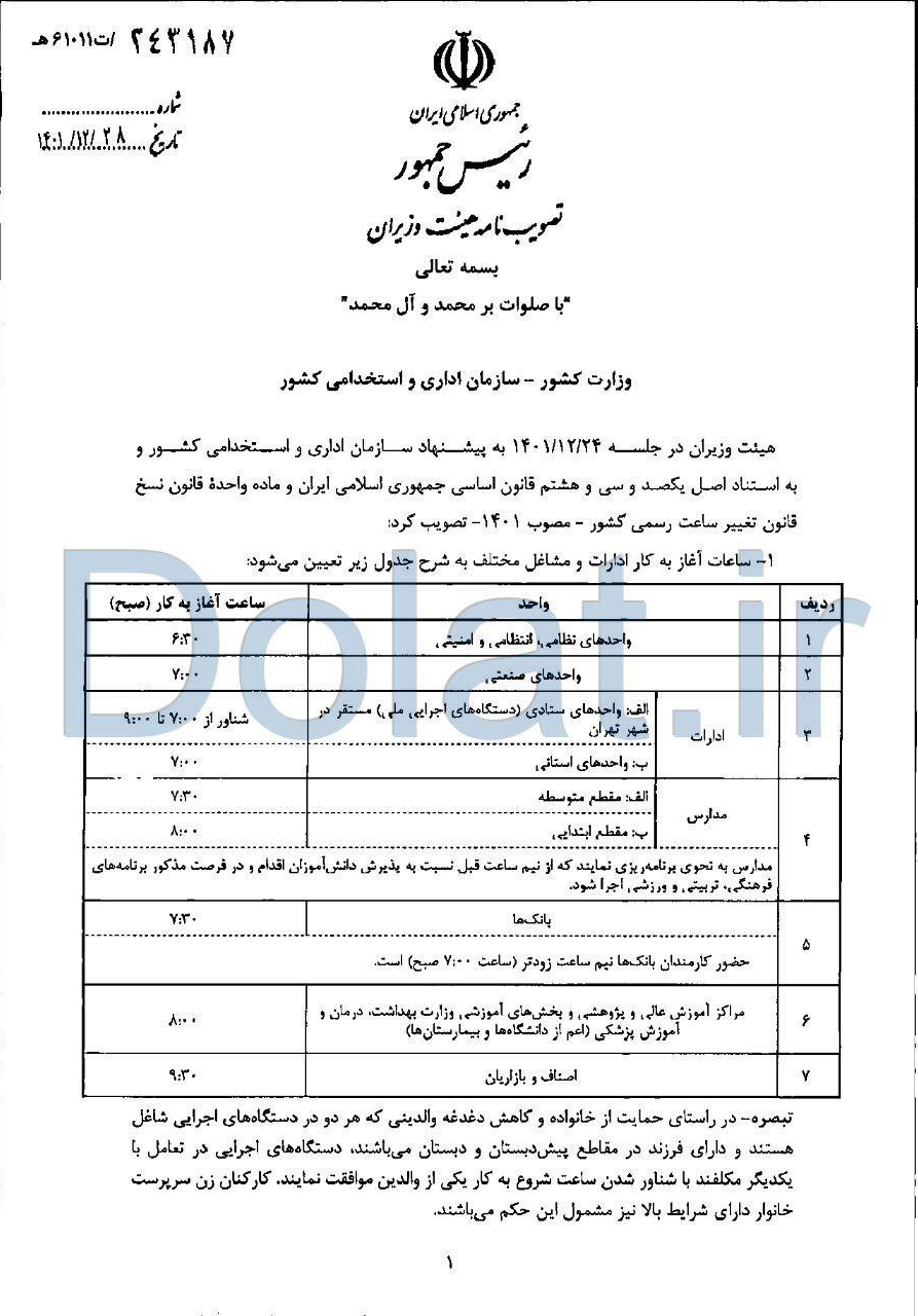 جزئیات ساعت آغاز به کار ادارات جزئیات ساعت آغاز به کار ادارات