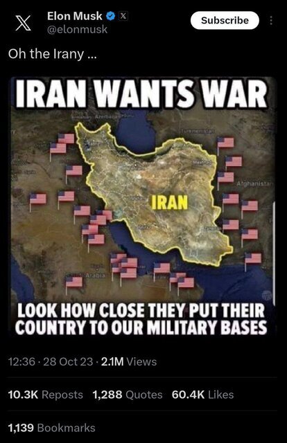 ایلان ماسک: ایران جنگ طلب است! ایلان ماسک: ایران جنگ طلب است!